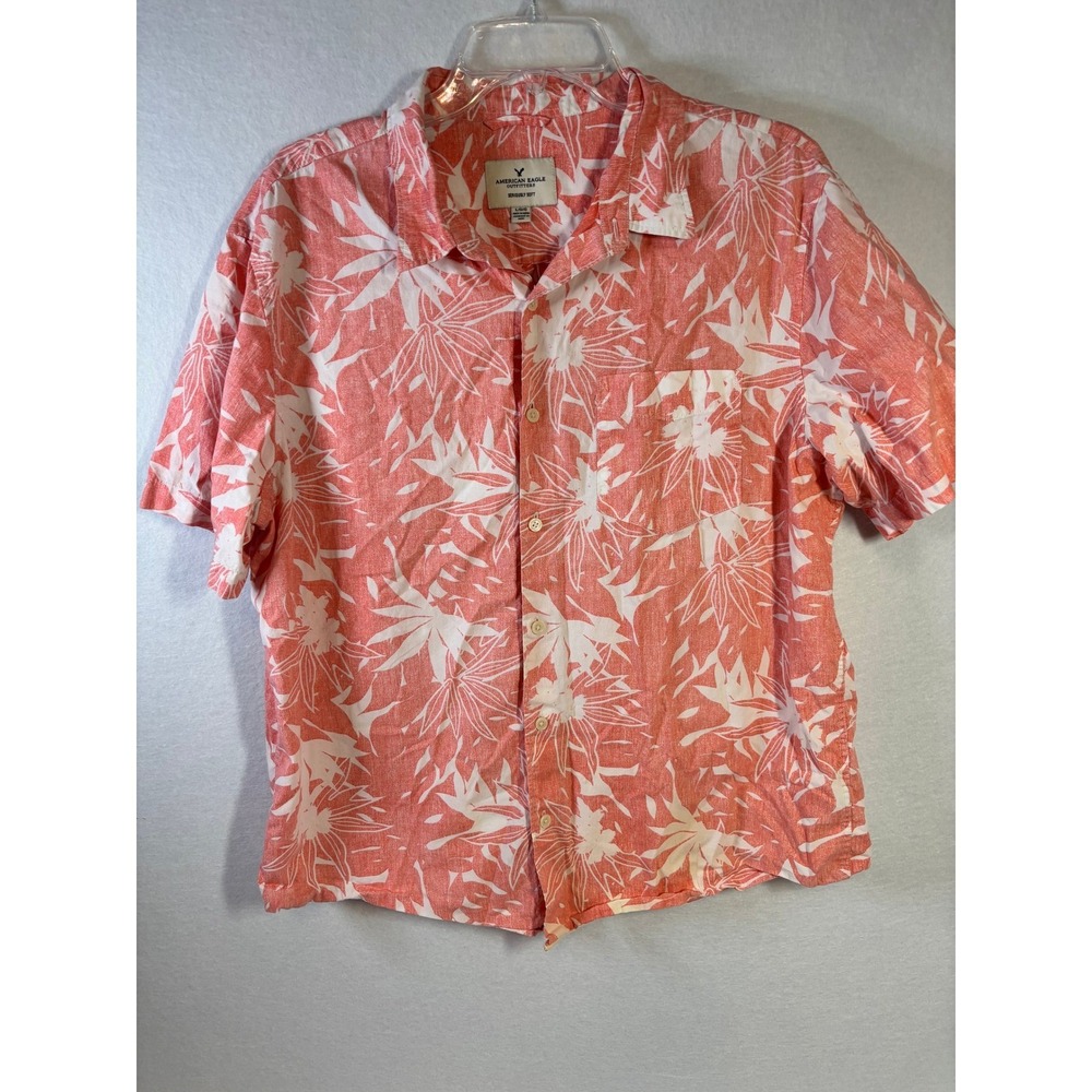 American Eagle Mens Large Seriously Soft Floral Tropical Button Down Shirt Coral